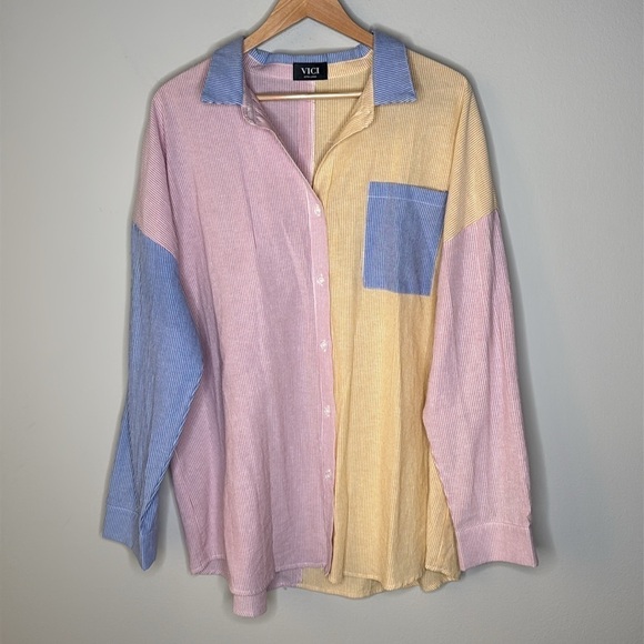 Vici Tops - VICI Colorblock Striped Button Down Long Sleeve Shirt Women's Size XL
